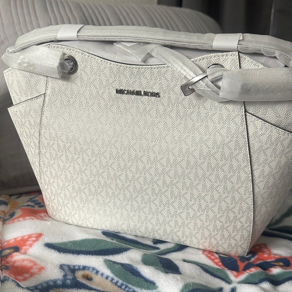 Michael Kors White Satchel Tote with Silver Logo
